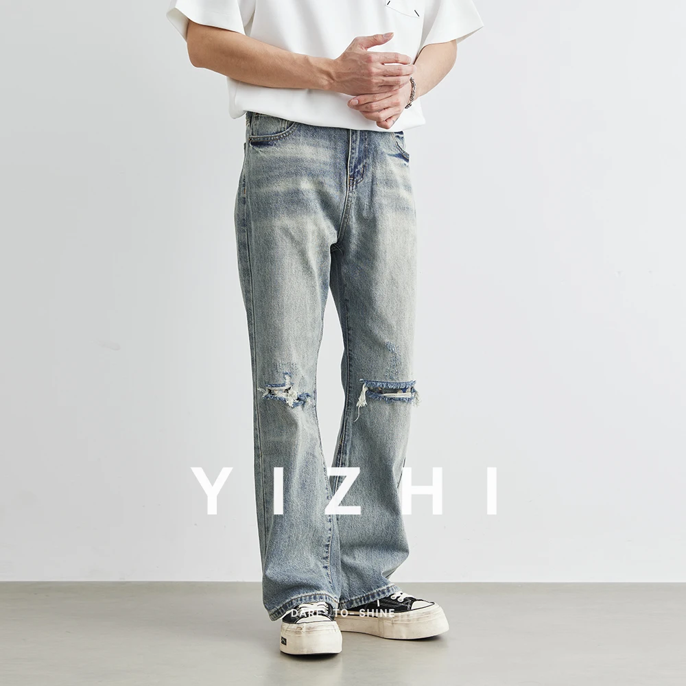 2025 Fashion Men's Broken Copper Washed Jeans Summer New Loose American Retro Straight Casual Denim Pants Men's Wear