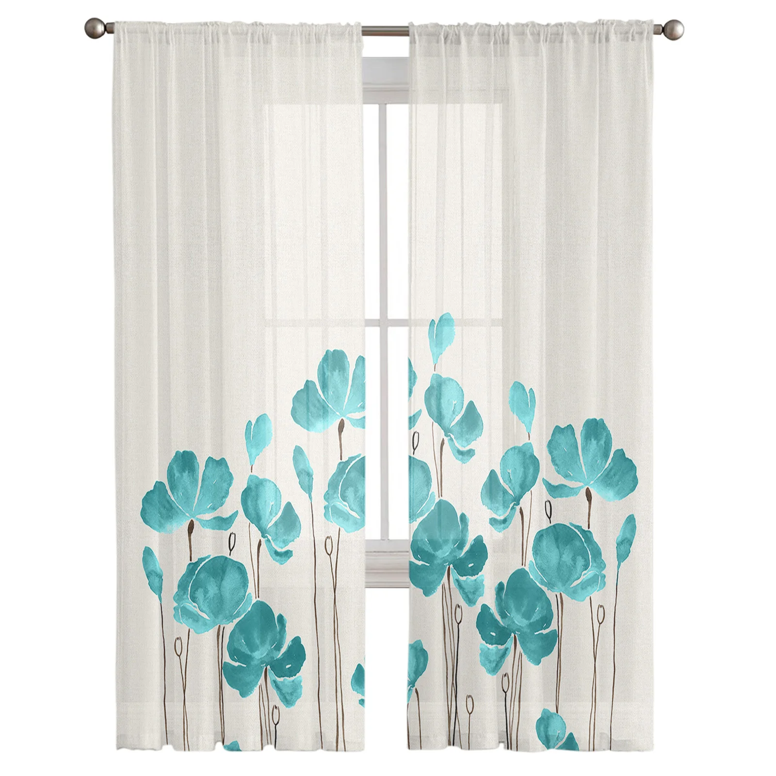 

Water Green Watercolor Poppy Flower Cotton Hemp Bottom Living Room Kitchen Chiffon Curtain Youth Bedroom Sheer Floor Curtain