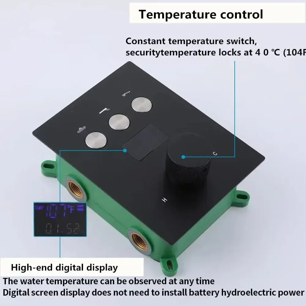 Matte Black Shower Flow Control Valve Temperature Display Concealed 3 Way Outlet Function Thermostatic Shower Diverter Valve