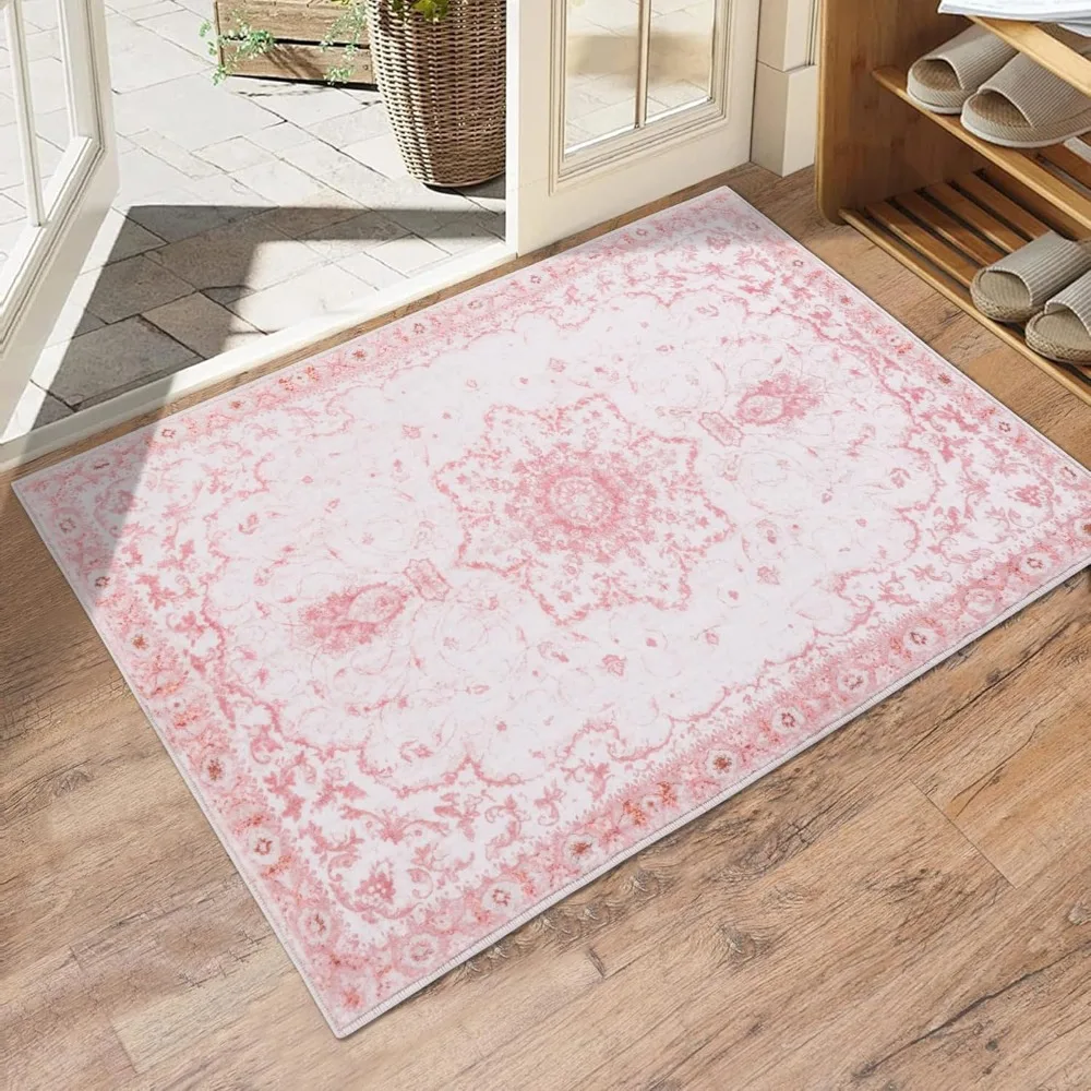 

2x3 Entryway Rug, Honeycomb Non Slip Indoor Door Mat, Washable Small Area Rug, Vintage Floral Pink Rug for Bedroom Kitchen Entry