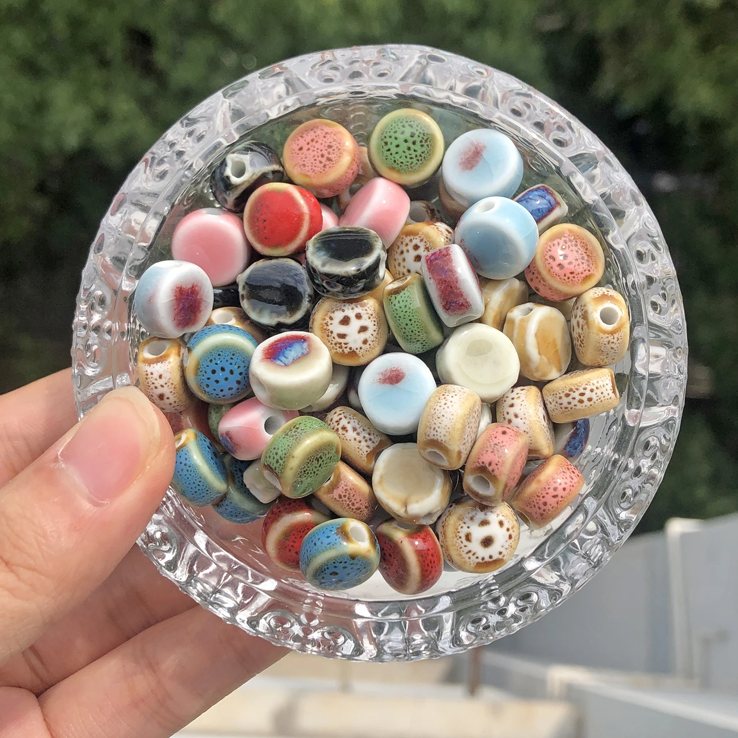 10Pcs Multicolor Flat Round Floral Glaze Ceramic Beads 11mm Spacer Charm Bead for DIY Jewelry Making Necklace Beaded Accessories