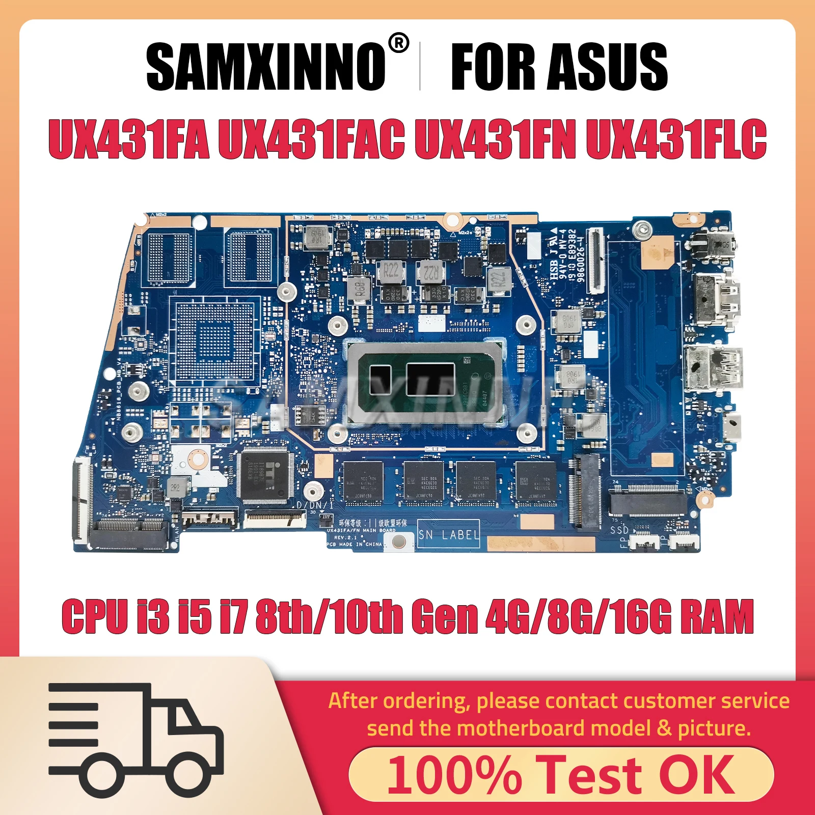 SAMXINNO UX431FA Mainboard For ASUS UX431FAC BX431F UX431FN UX431FLC Laptop Motherboard I3 I5 I7 8th/10th Gen 4G/8G/16GB-RAM