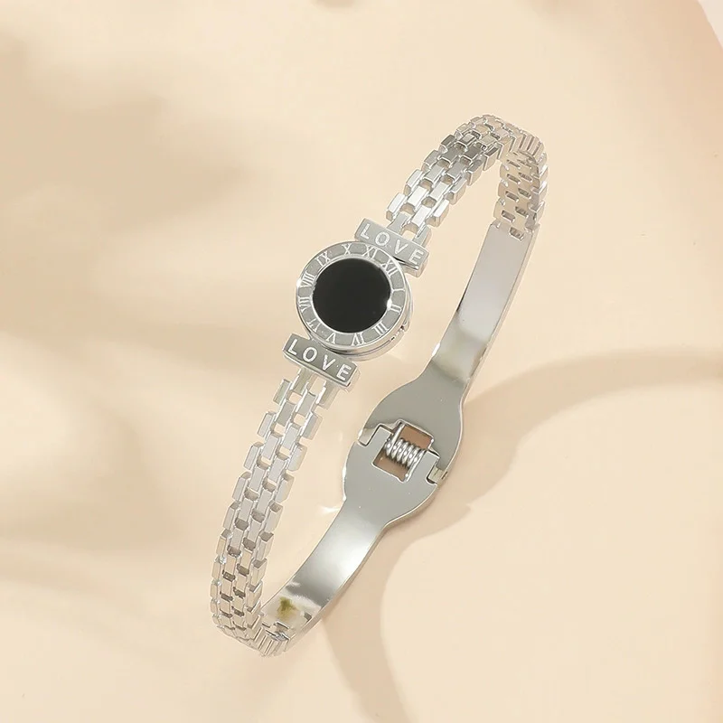 Fashion Bracelet For Women Black Acrylic Stainless Steel Couple Bracelet Carved Roman Numerals Girl Gift - Image 7
