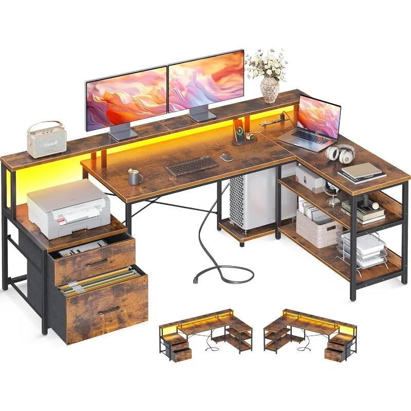 

L Shaped Desk with File Drawer, 66" Reversible L Shaped Computer Desk with Power Outlet & LED Strip