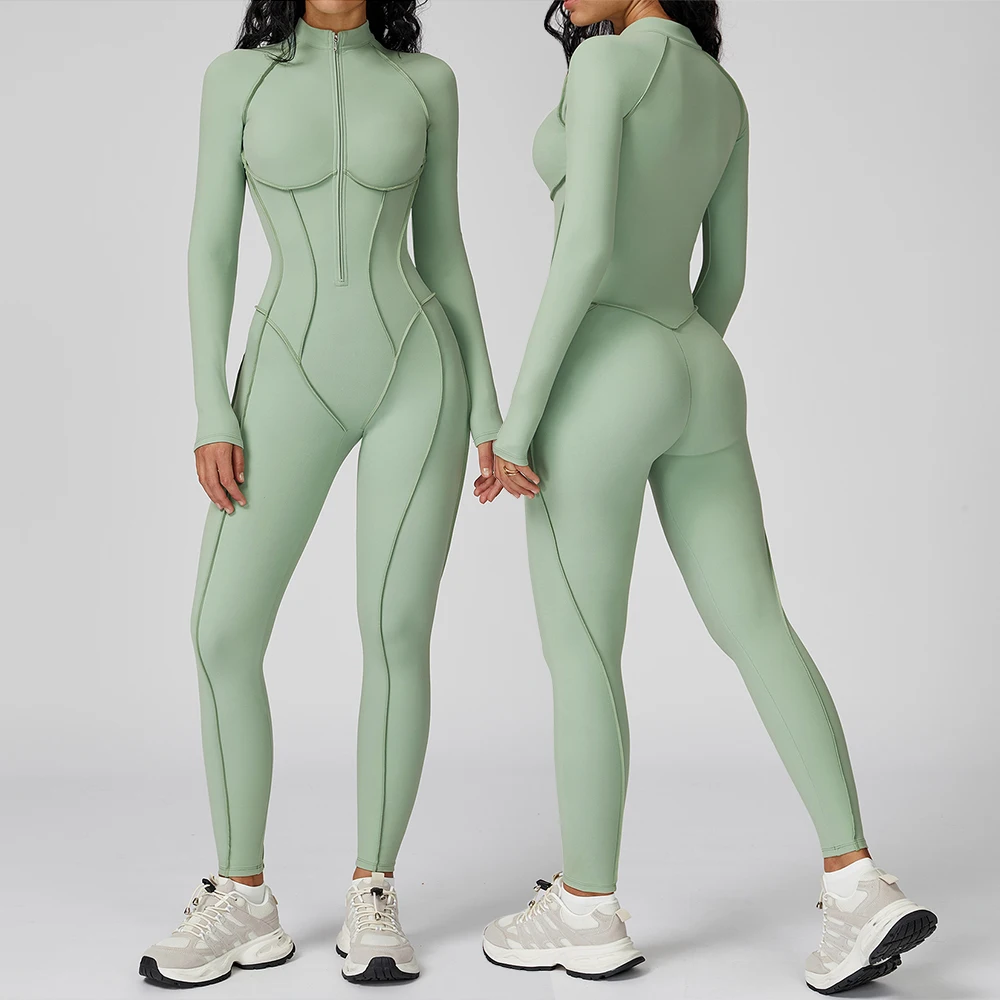 Yoga Jumpsuit Long Sleeve Zipper Stand Collar Bodysuit Women Fitness Workout Gym Tracksuit Tummy Control Butt Lifting Sportswear