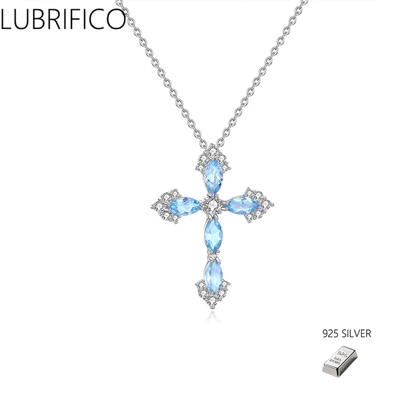 925 Sterling Silver Natural Crystal Stone Cross-shaped Pendant Necklace For Women Fine Jewelry Wedding Party
