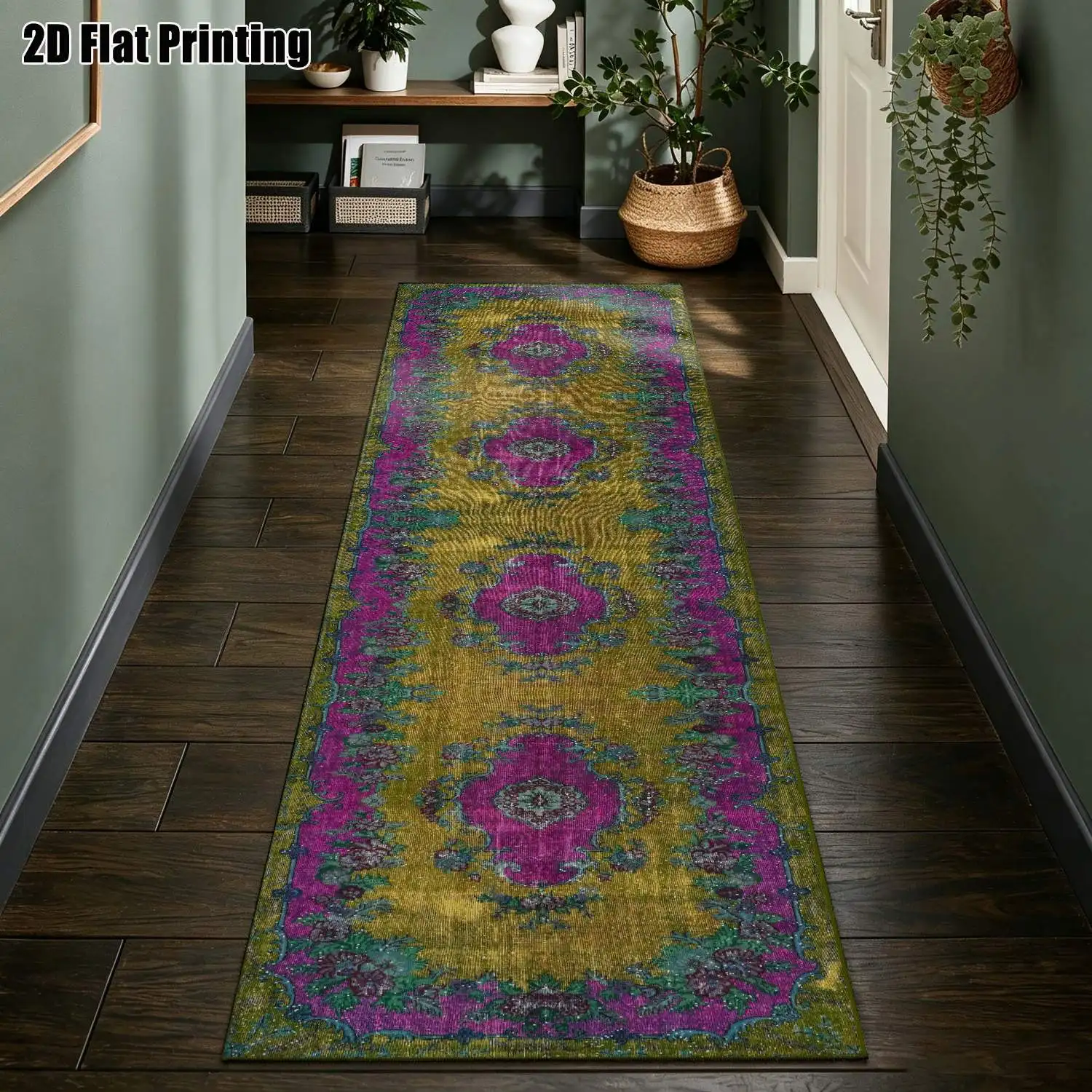 1Pc 2D Printed Long Strip Runner Rug: Retro Pink-Purple Geometric Pattern, European/Bohemian Style, Machine Washable, Multi-Size, Home Decor for Entryway, Hallway, Living Room, Bedroom