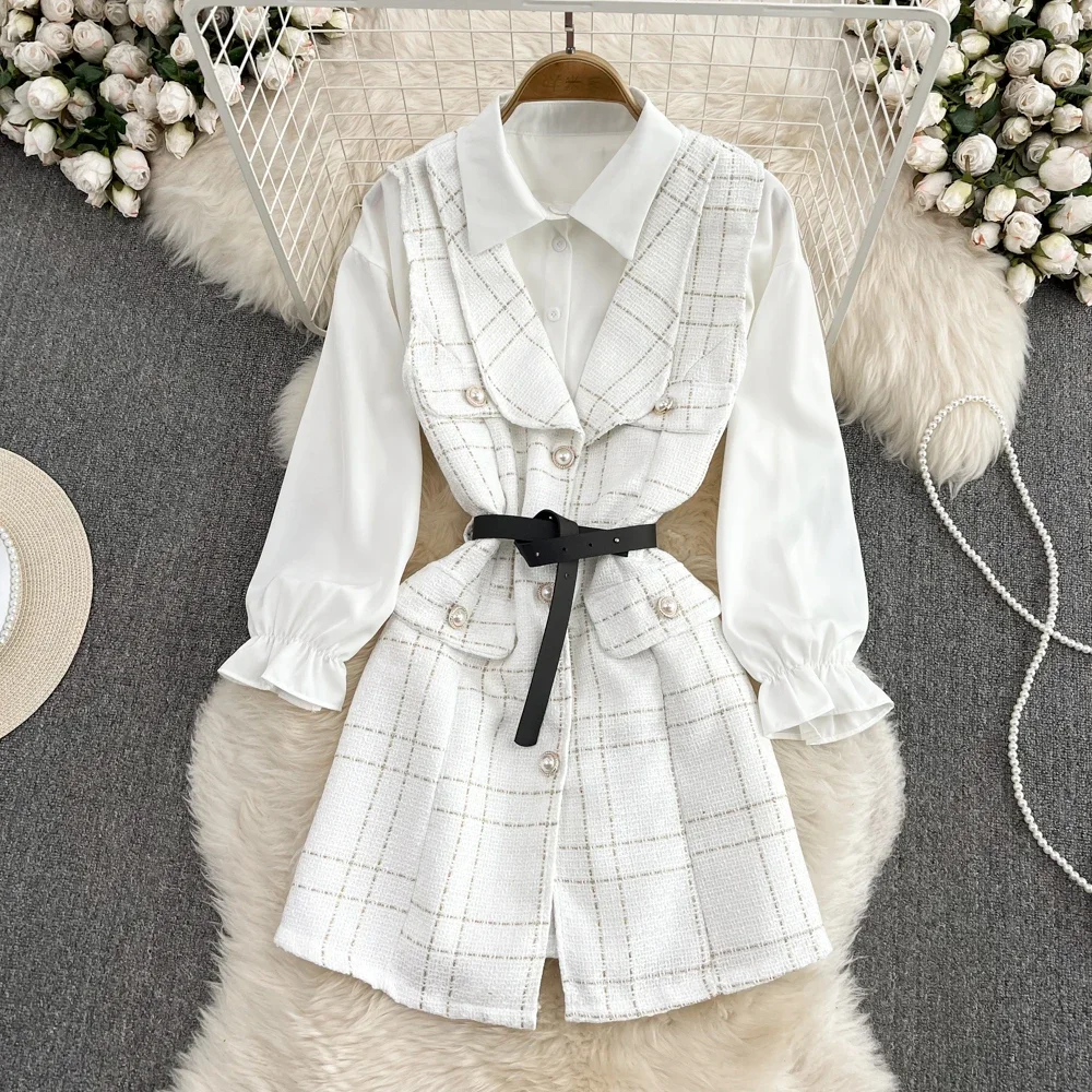 Goddess Fan Mingyuan temperament medium long single breasted coarse floral vest jacket two-piece loose white shirt autumn