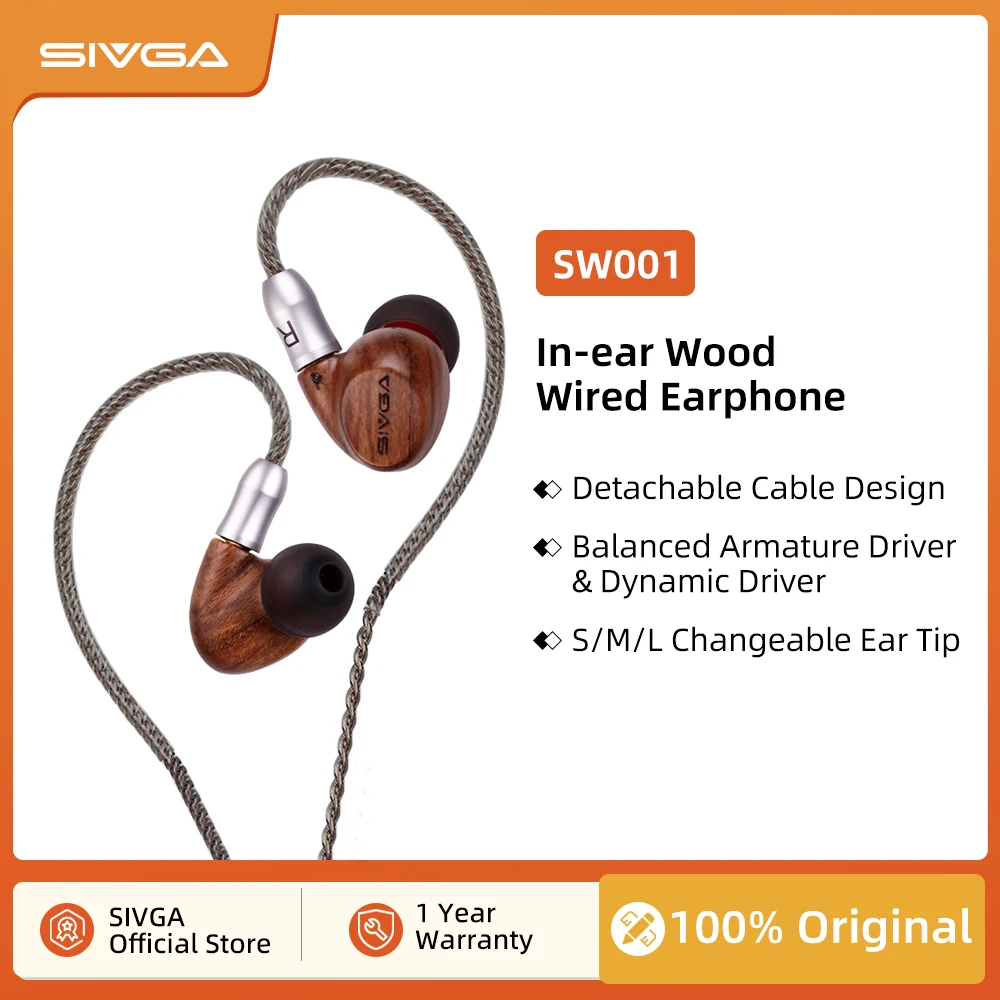 SIVGA SW001 In-ear Wooden Earphone Hifi Wired Monitor 2 Unit Balanced Armature & Dynamic Driver Earbuds Earpiece