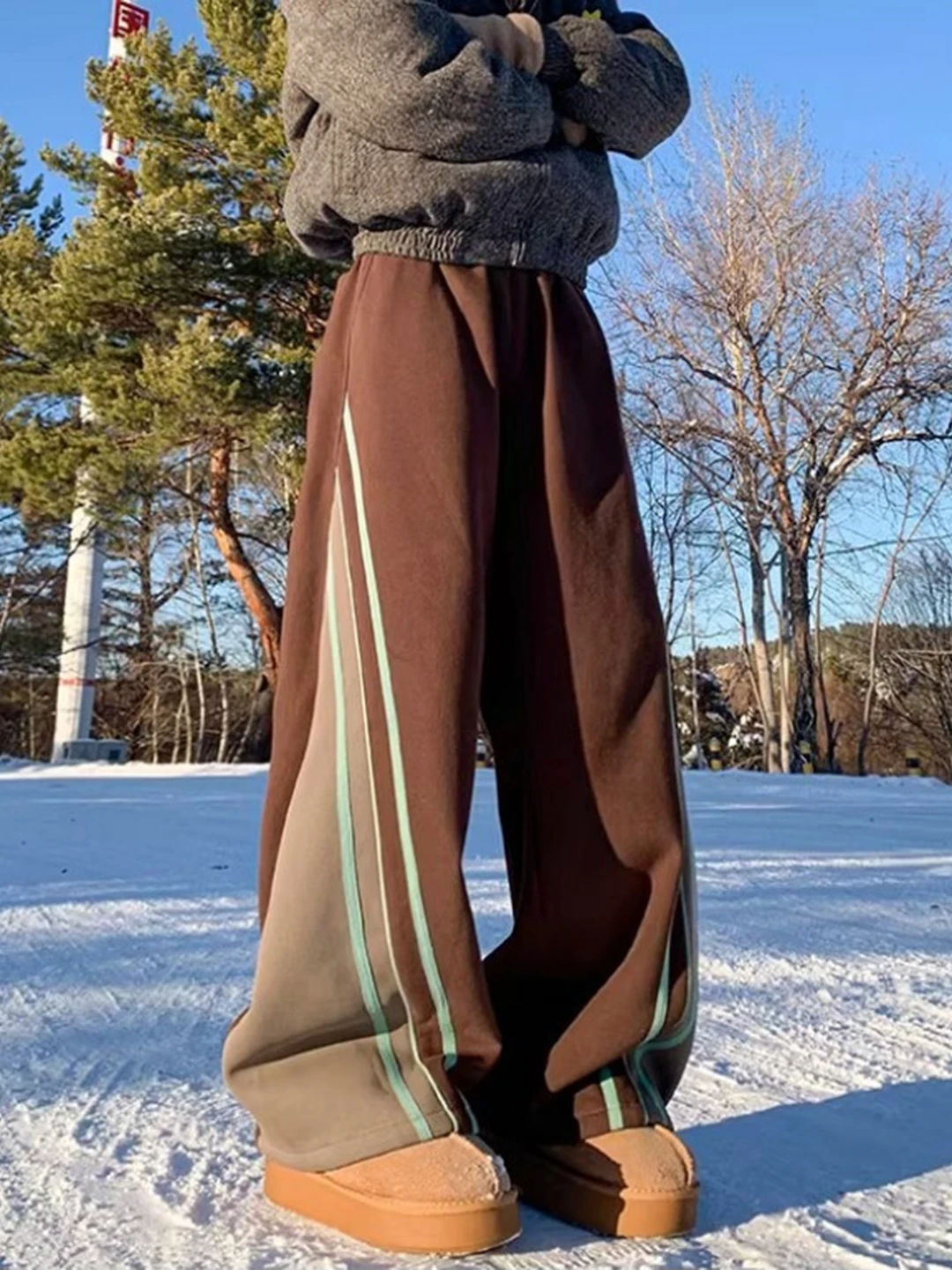 

Cleanfit Brown American Stripe Loose Leggings Men's Autumn Winter Spor Bend Knife Pants Straight Tube Long Trousers