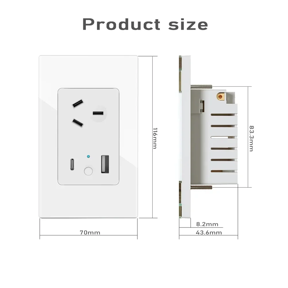 Melery Austrial Power Wall Socket 10A Smart Tuya Wifi USB Type C PD 30W AU Plug Outlet Glass Panel remoteby Alexa Google Home