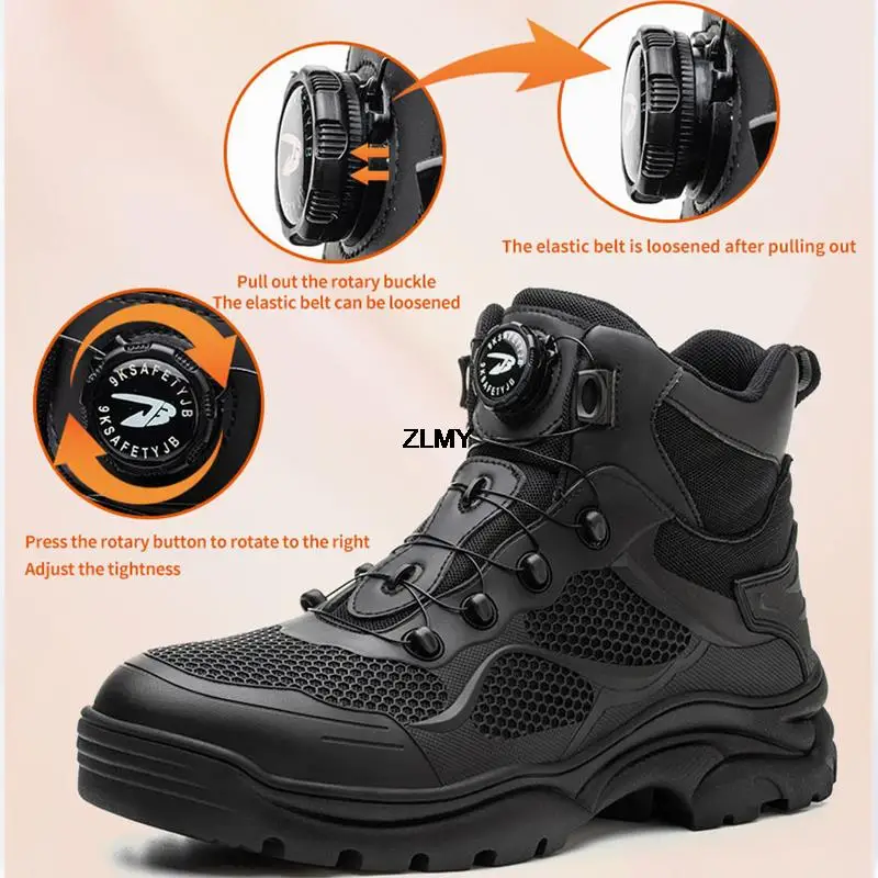 Construction Work Boots Men Steel Toe Safety Shoes Rotated Button Anti-smash Puncture Proof Sneakers Man High Top Security Boot