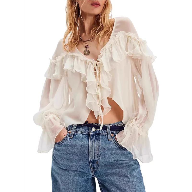 

CYL-Women's Flowy Front Tie Top Long Sleeve Peplum Lace Trim Chiffon Shirt Sheer V Neck Boho Ruffle Beach Blouse