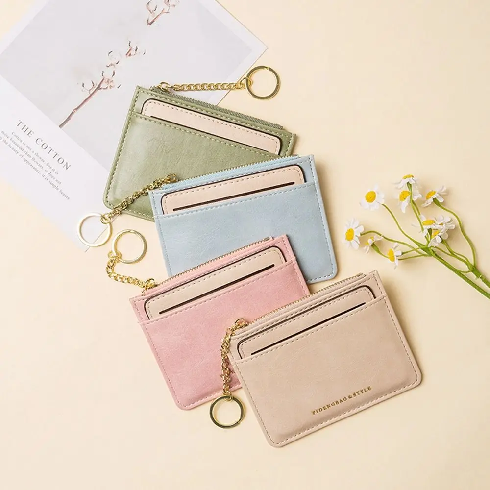 

Retro PU Leather Card Bag Thin Purse Card Holder Korean Style Keyring Zipper Coin Purse Outdoor