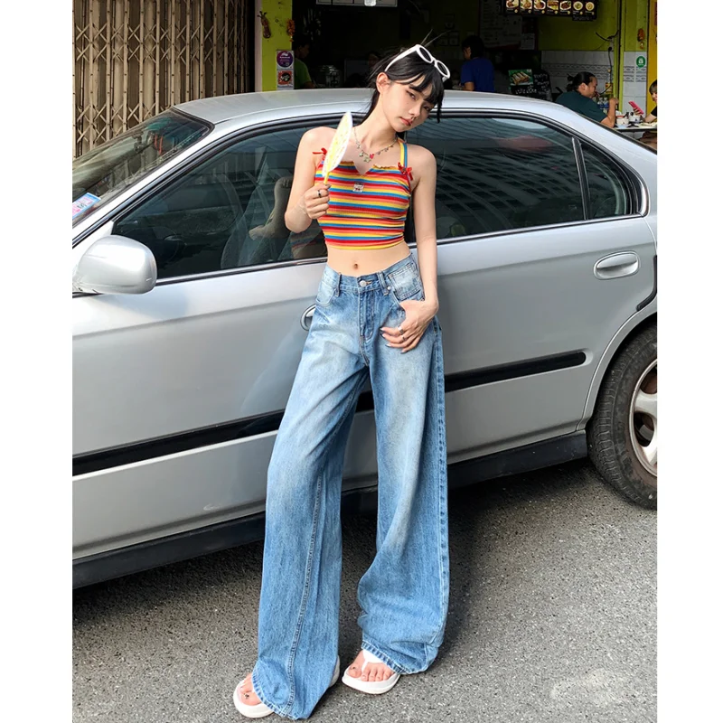 

Blue Womens Jeans High Waist Straight Baggy Denim Pants American Korean Fashion 2024 Y2K Gradient Female Wide Leg Denim Trouser
