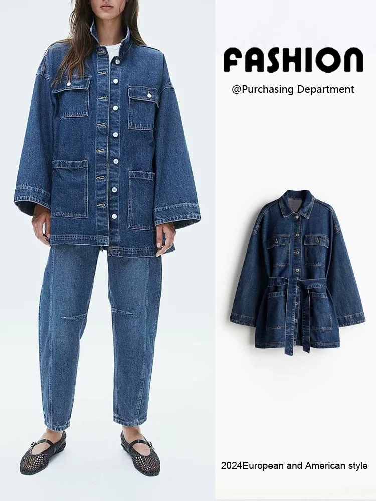 

Новое поступление, осеннее женское длинное пальто с поясом на талии и воротником-стойкой, оверсайз, пальто для поездок на работу, 8-24 лет