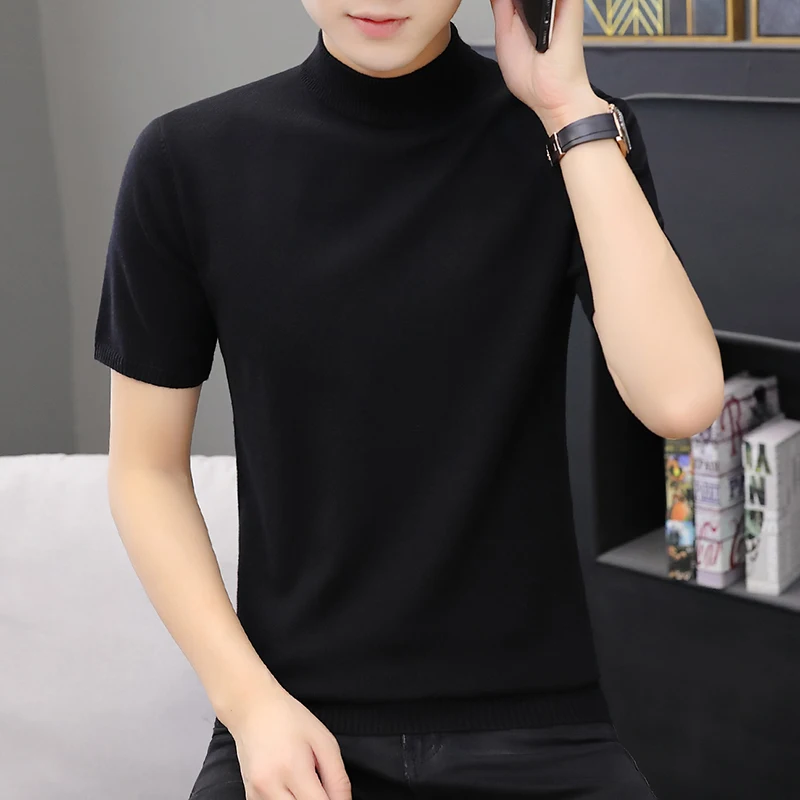 

Мужской облегающий вязаный свитер с коротким рукавом, однотонный, базовый стиль, осень-весна, качественный трикотаж с полурукавом, корейский стиль