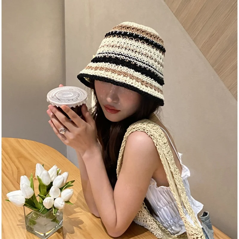 Korean Spring and Summer Thin Handmade Knitted Fisherman Hat Striped Soft Top Bucket All-Match -Proof Travel Sun