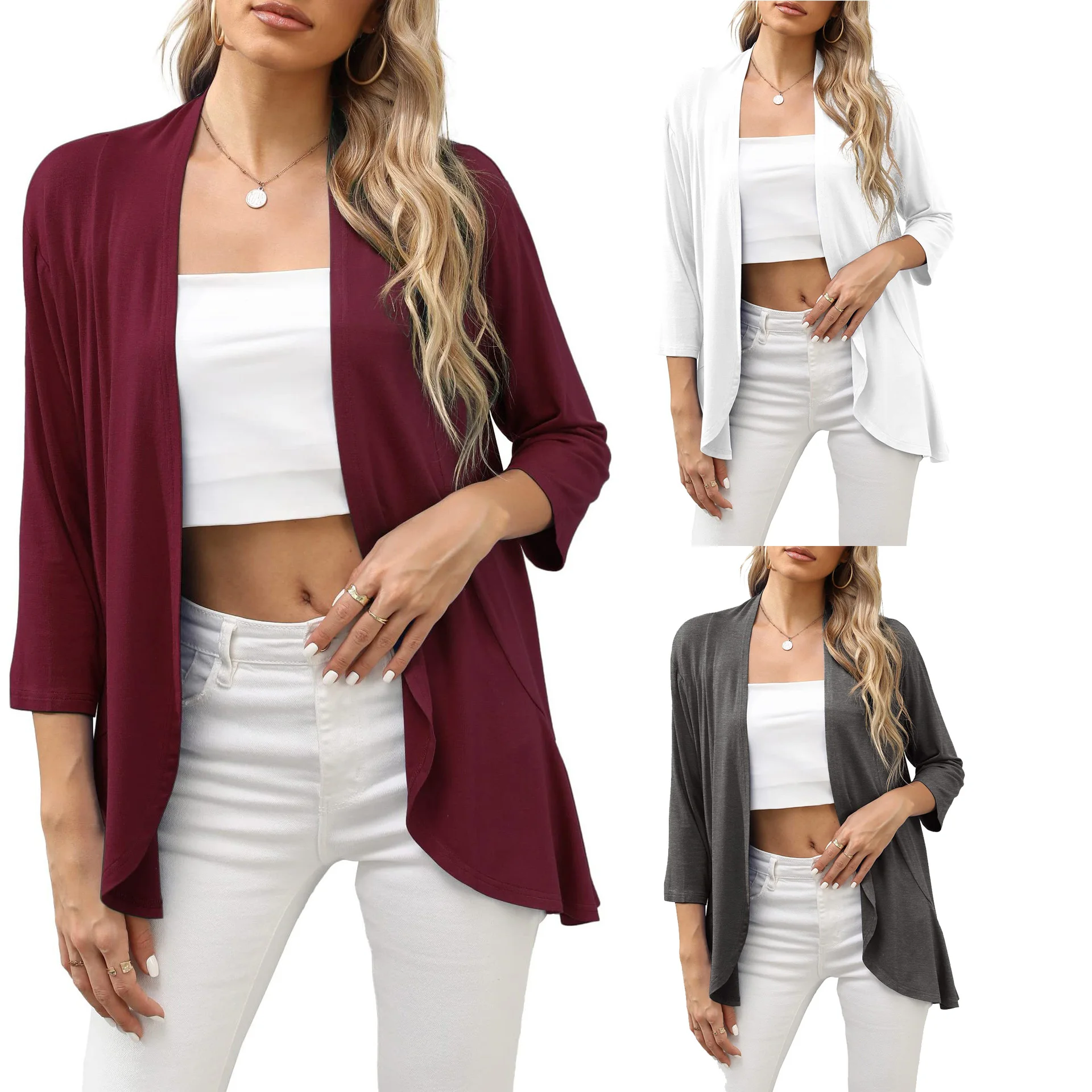 Women Fashion Cardigan Spring Solid Color Cardigan Top Open Stitch Solid Female Autumn