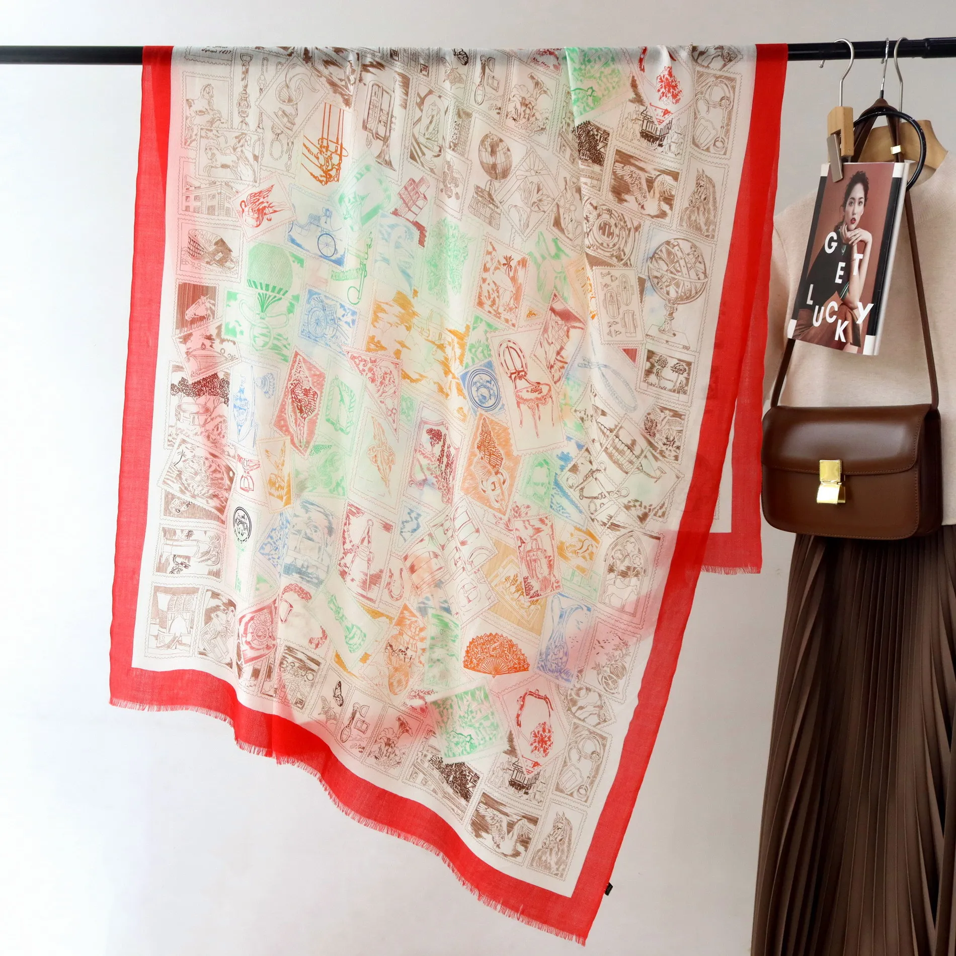 High-end and Elegant Women's Cartoon Fu Ba Stamps Print Quality Water-soluble Wool Handmade Fringe Warm Soft Long Scarf Shawl