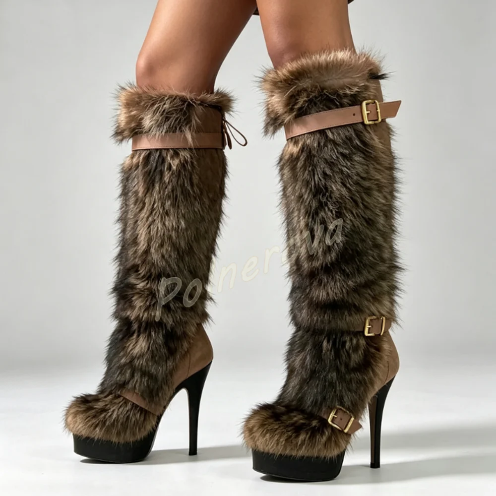 Women Fur Knee High Boots Platform Stiletto High Heel Long Metal Buckle Straps Boots Winter Warm Brown Fluffy Fur Fashion Boots