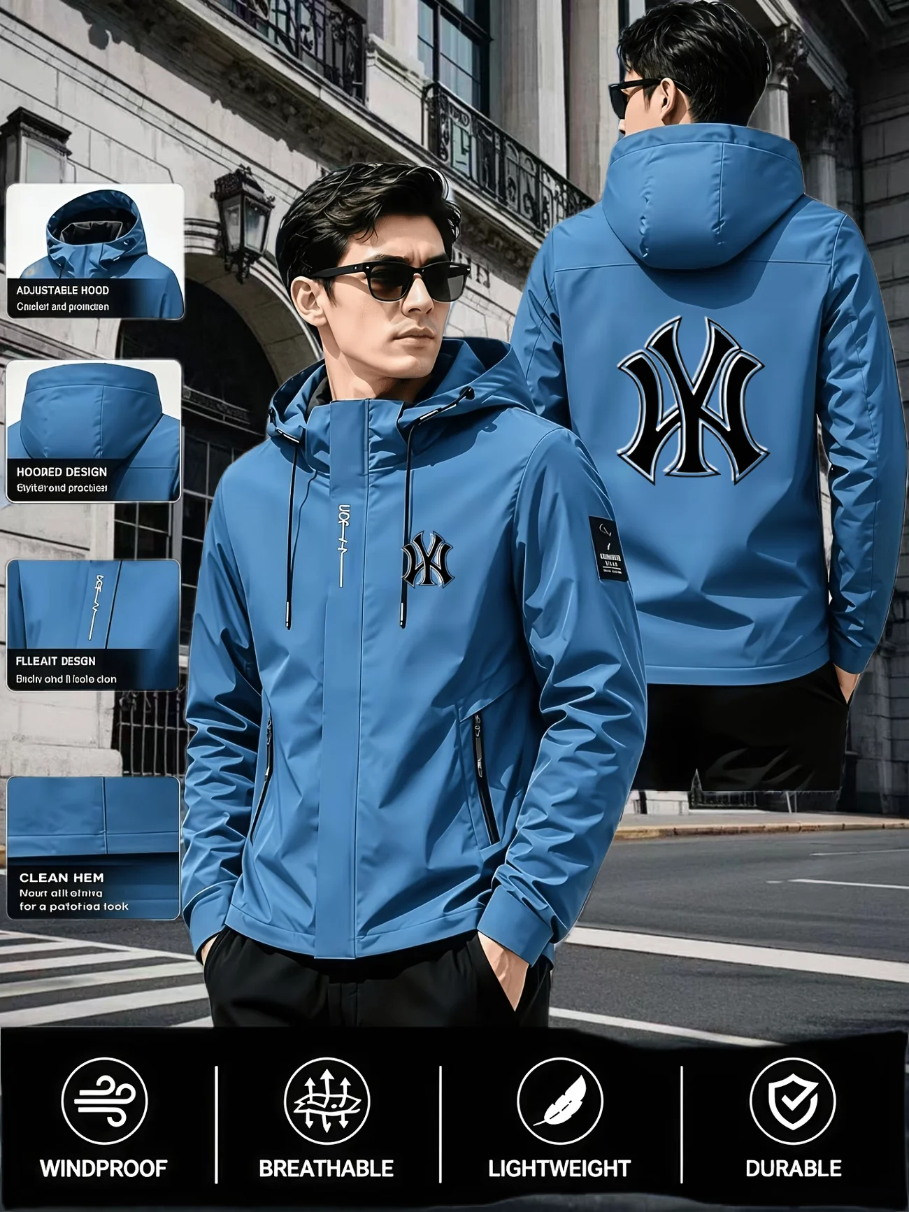Spring and Autumn New Classic Embossed Design Windproof Sports Jacket Mens Brand Hot Selling Leisure Hiking Pocket Hooded Jacket