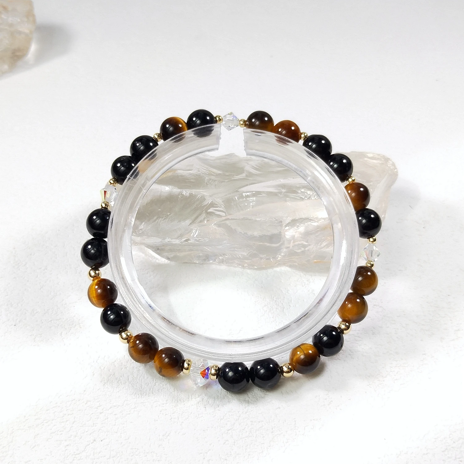 

Lii Ji Natural Stone Black Tourmaline Tiger's Eye 6/8mm With Crystal American 14K Gold Filled Elastic Bracelet