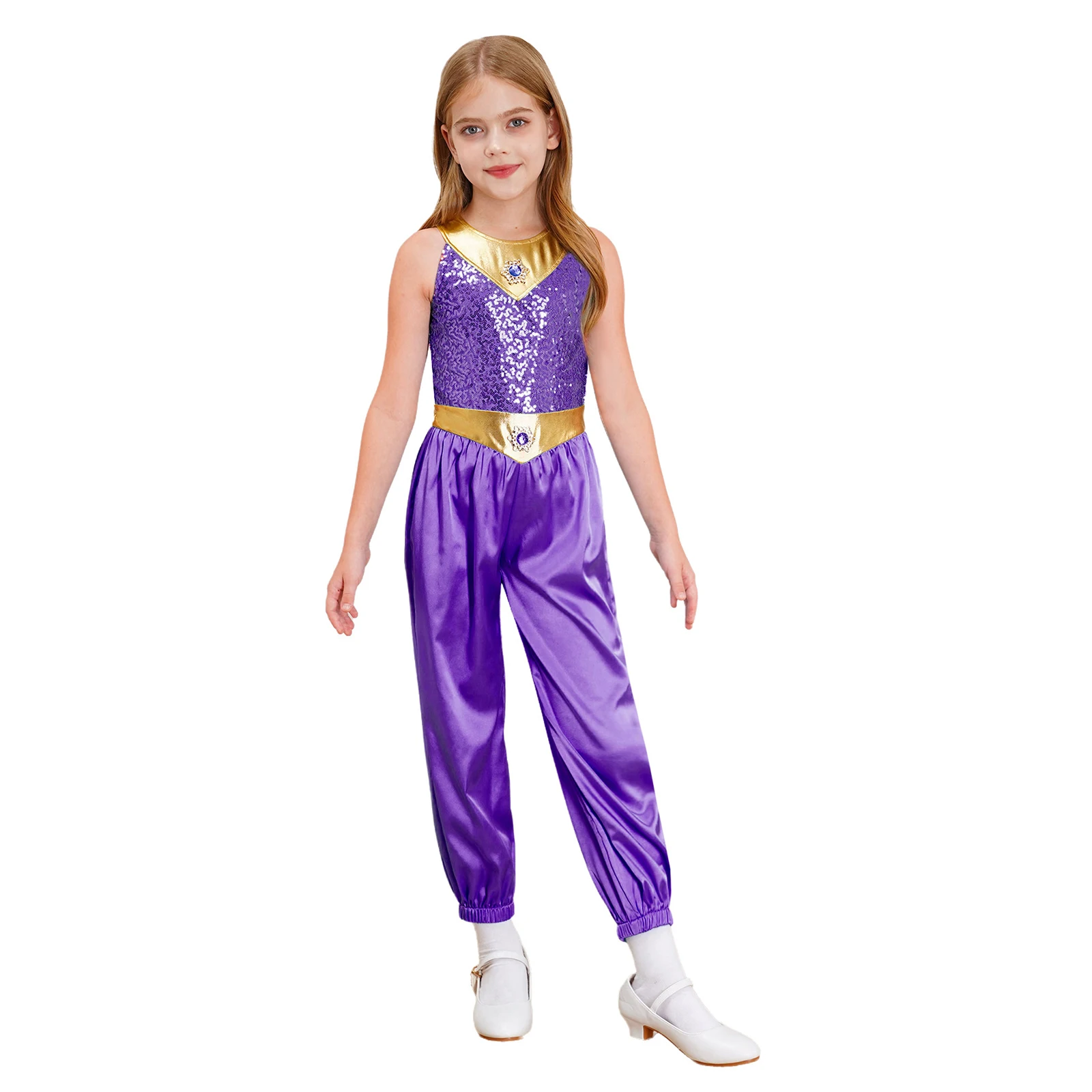 

Kids Girls Arabian Princess Costume Halloween Cosplay Themed Party Fancy Dress Up Sleeveless Shiny Sequins Belly Dance Jumpsuit