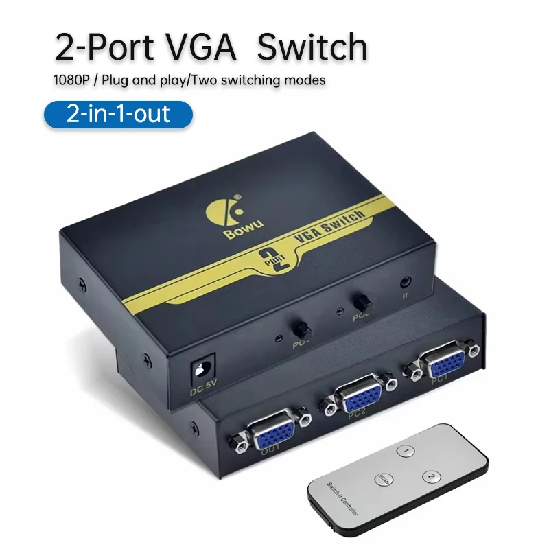 

2 Port VGA Switch Splitter 2 In 1 Out Video Computer Host Monitor Converter Shared Remote Control Switcher