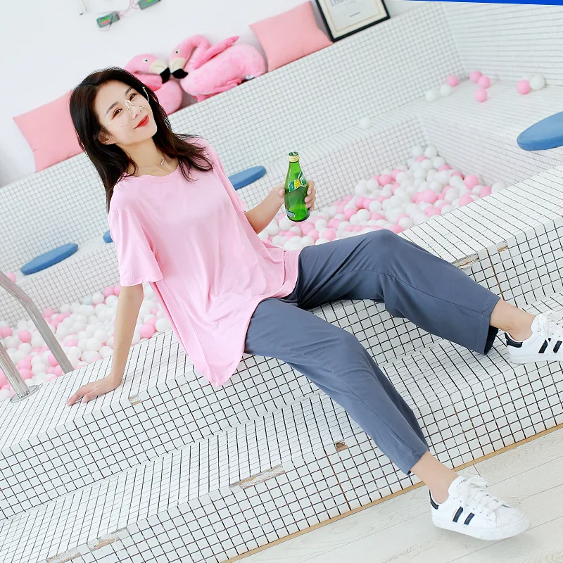 Summer  modal pajamas for women  thin section short-sleeved trousers suit two-piece loose comfortable pajama set  home service