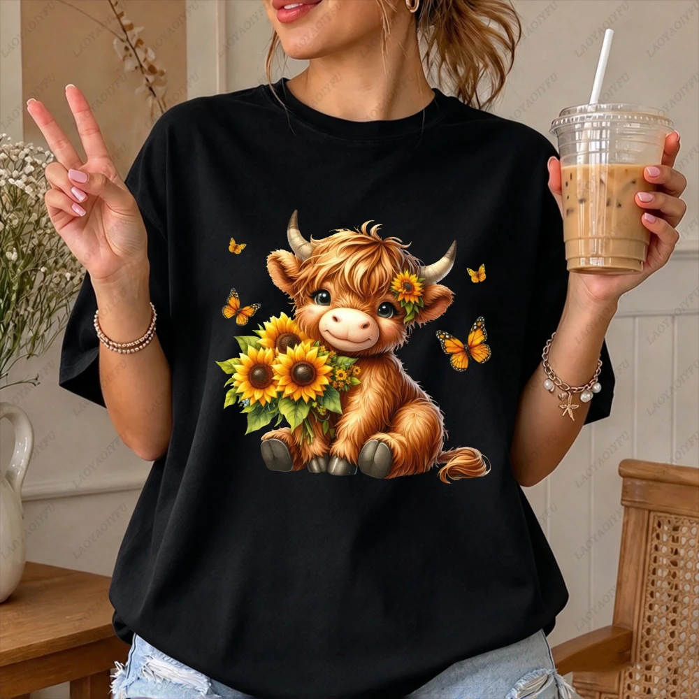 Highland Cow Sunflowers Butterflies Peace Graphic Women Casual Short Sleeve T-Shirt Cute Fall Farm Animal Nature Wildlife Tee