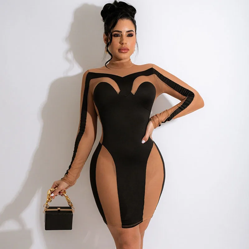 Sexy Midnight Style Mesh Patchwork Bodycon Mini Dress donna elegante abito da festa trasparente Clubwear Chic abito da compleanno a maniche lunghe