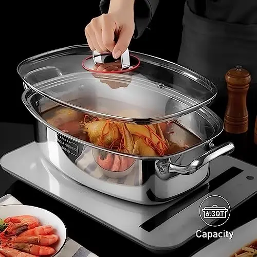 

Stainless Steel Dual-Tier Steamer With Tempered Glass Cover, Ceramic Tray, Steaming Rack, And Heat-Resistant Gloves For Fish,