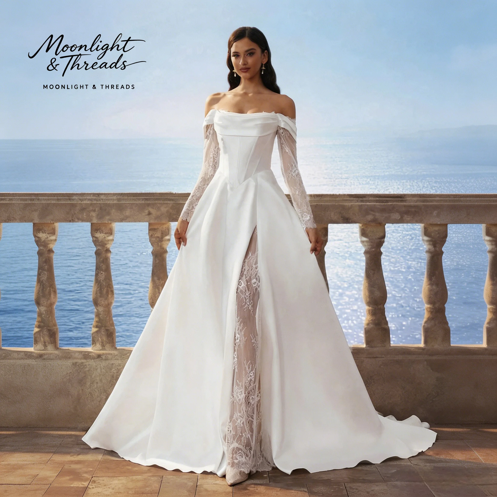 White off-the-shoulder long-sleeved full-skirted formal gown featuring lace accents and a boned bodice perfect for weddings