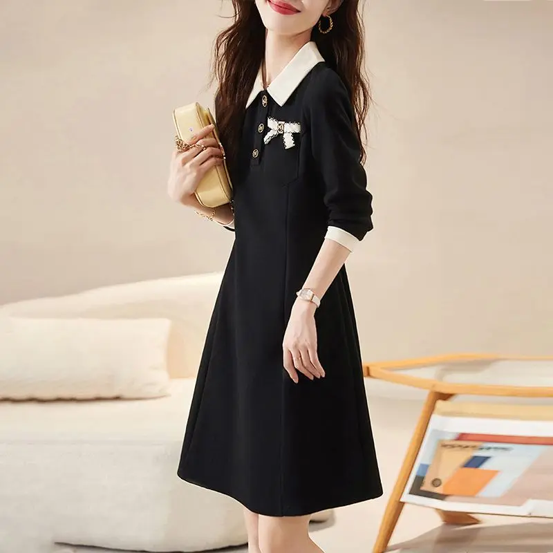 Autumn Pear Shaped Figure French Bow New Color Contrasting Long Sleeved Fashion Waist Slimming and Stylish Long Sleeves Dress