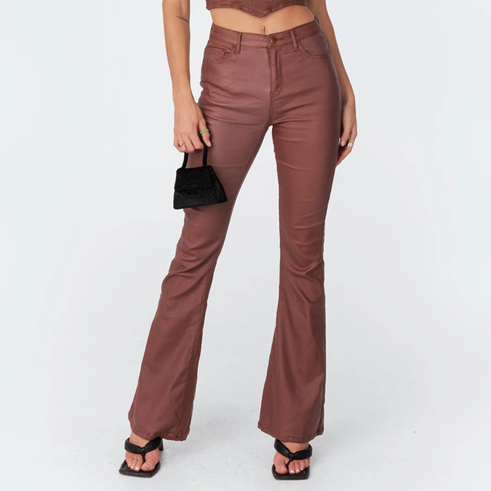 Women Faux Leather Flare Pants PU High Waisted Skinny Bell Bottoms Leggings Trendy Bootcut Pants with Slant Pocket