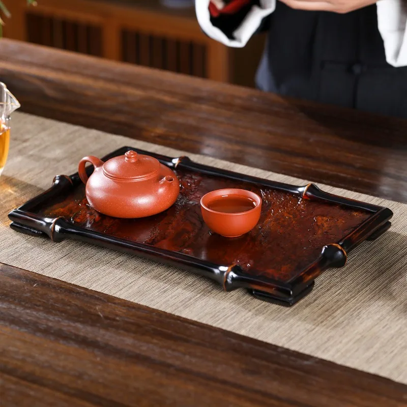 Plateau à thé en bambou laqué chinois, plateau de service artisanal pour cérémonie du thé sec en bambou Qiong naturel, assiette de présentation pour la maison
