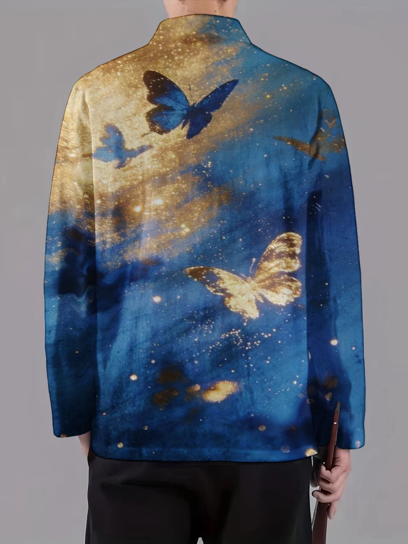 Men Retro Tang Suit Coat Mandarin Collar Frog Button Golden Dragon Cloud Allover Print Long Sleeve Fashion Outer Jacket For Male