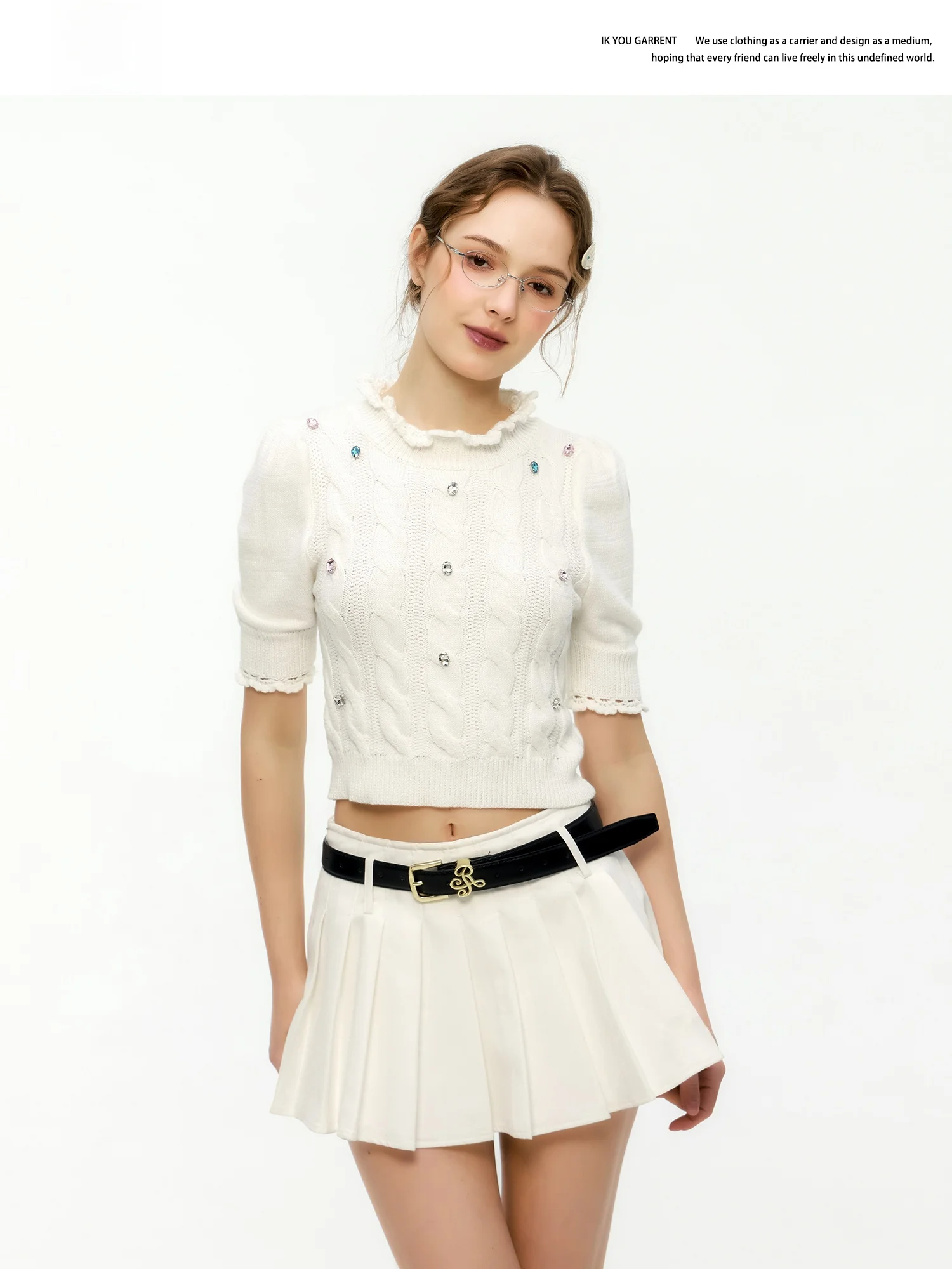 

Ikyou Original Diamond Embedded Knitted Top ort Sve Women Spring Summer New Thin round Ne Waist Inward ort oulder ...