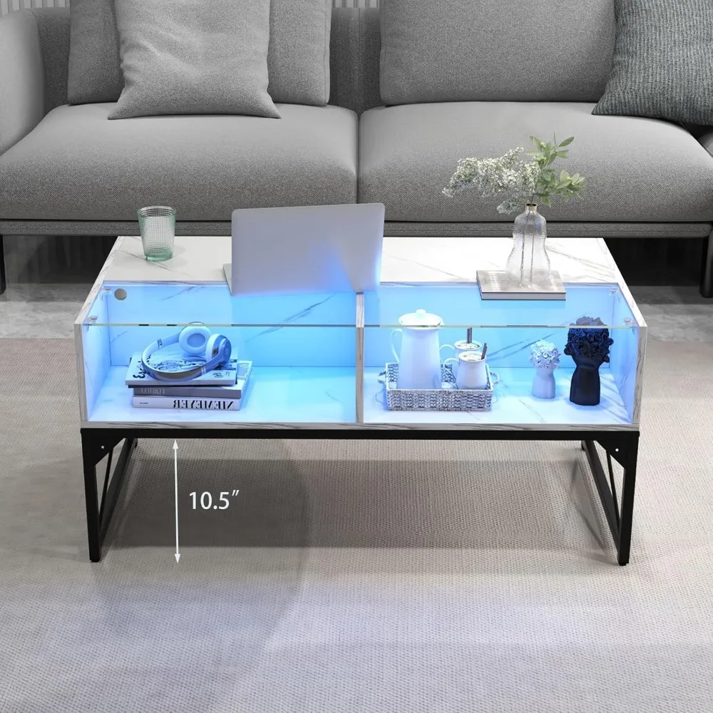 LED Coffee Table with Storage Cubes, High Gloss Faux Marble & Tempered Glass Top, Adjustable Lighting, Modern Living Room Furnit