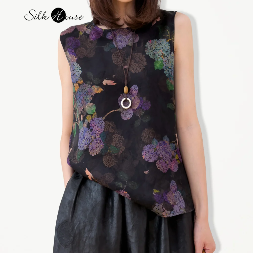 French Romantic Embroidered Ball Flower 100% Natural Mulberry Silk Fragrant Cloud Yarn Round Neck Women's Casual Printed Vest