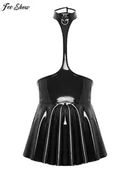 Womens Open Chest Halter Ruffled Dress Wet Look Patent Leather Sleeveless Backless Dresses Lingerie Clubwear
