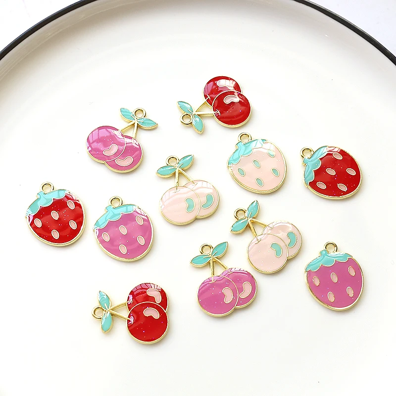 1pcs Cute Pink Strawberry Cherry Alloy Bottom Pendant Diy Handmade Jewelry Earrings Keychain Accessories Material Charms