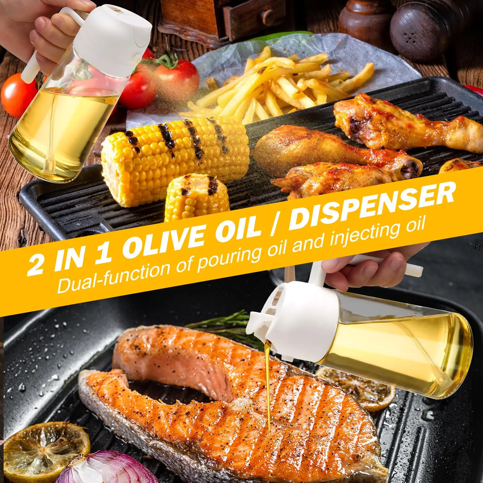 

2 IN 1 Kitchen Oil Spray Bottle 500ml Heat-Resistant Food-Grade Plastic, No Drip Design, Sous Vide/Baking/Healthy Cooking