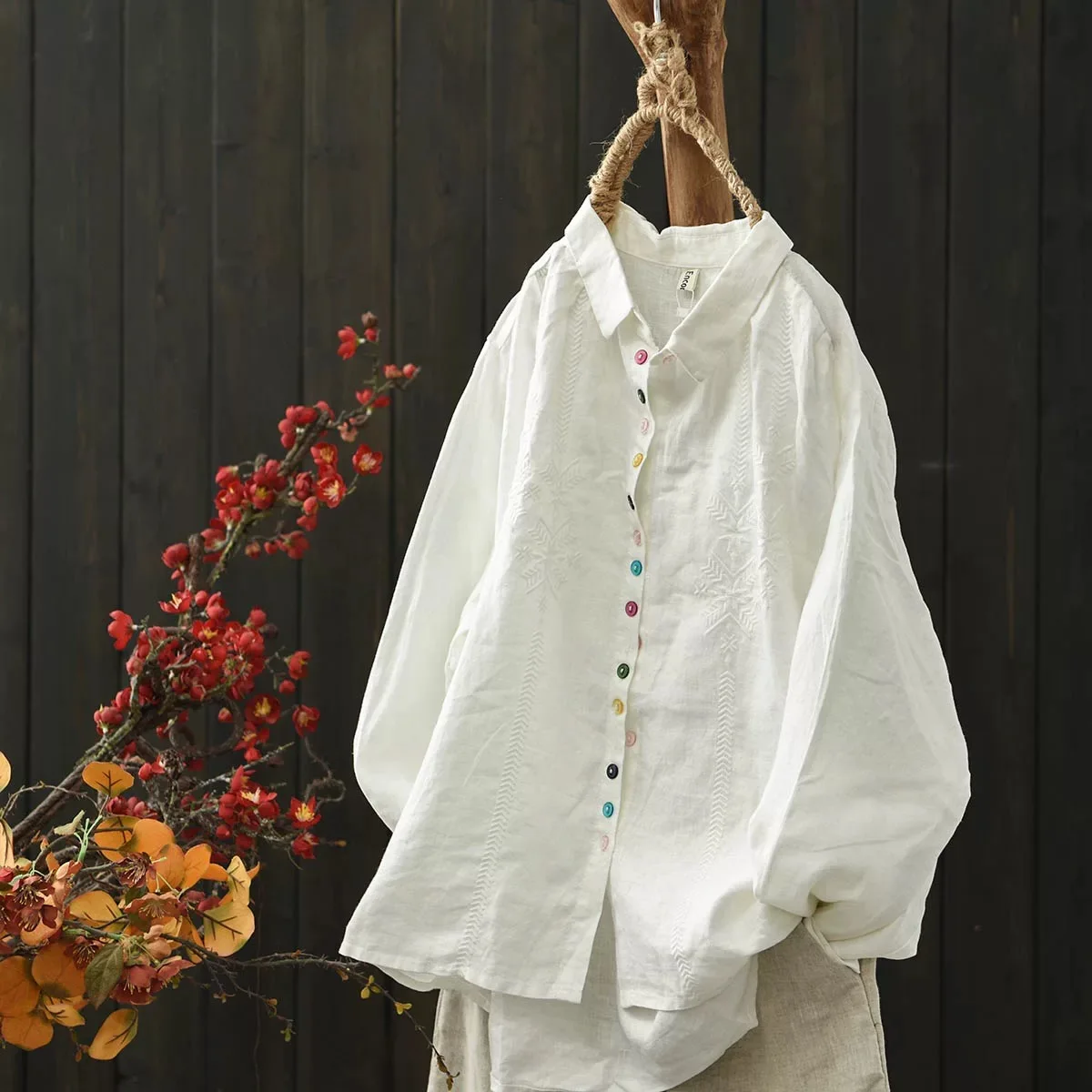 

Retro Ethnic Embroidered Button Cotton Linen Shirt Women's Loose Fit Long Sleeve Collar Open Cardigan Style