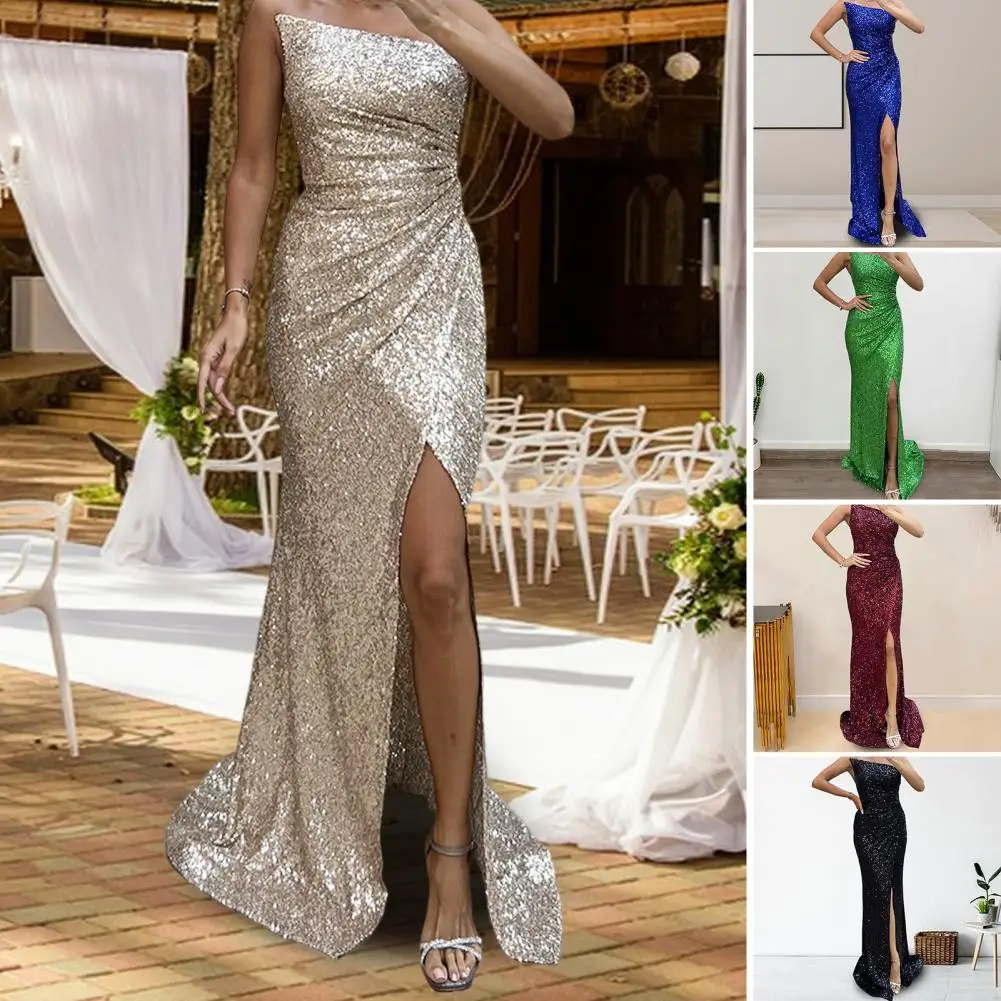 Summer Dress Skinny Sequin Pleated Maxi Bodycon Dress Slim Fit Off Shoulder Evening Party Prom Dress Birthday Clubwear Ball Gown