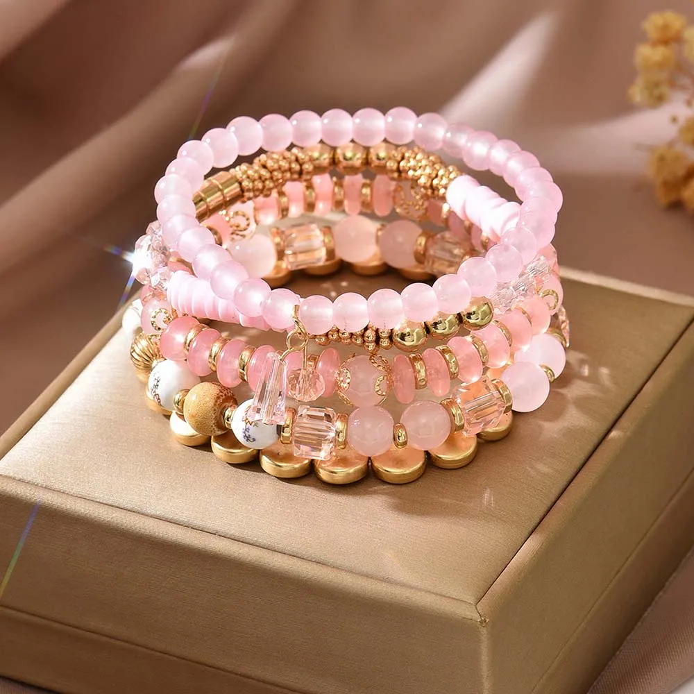 Boho Multilayer Pink Crystal Beaded Bracelets Set for Women Stretch Elastic Stackable Bracelet Ethnic Bohemian Hand Jewelry Girl