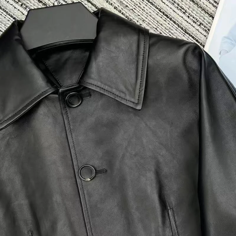 เสื้อโค้ทหนังแกะแท้ 100% คุณภาพสูงสำหรับผู้หญิง พร้อมปกเสื้อและกระดุมแถวเดียว สไตล์แจ็คเก็ตมอเตอร์ไซค์ รุ่น 25121203