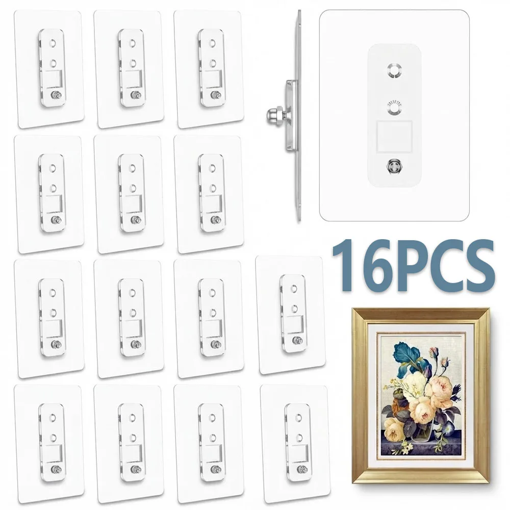 16Pcs Adhesive Picture Hooks No Drill Mounting Wall Hangers Clear Invisible Picture Frame Hooks Kitchen Bathroom Storage Hooks