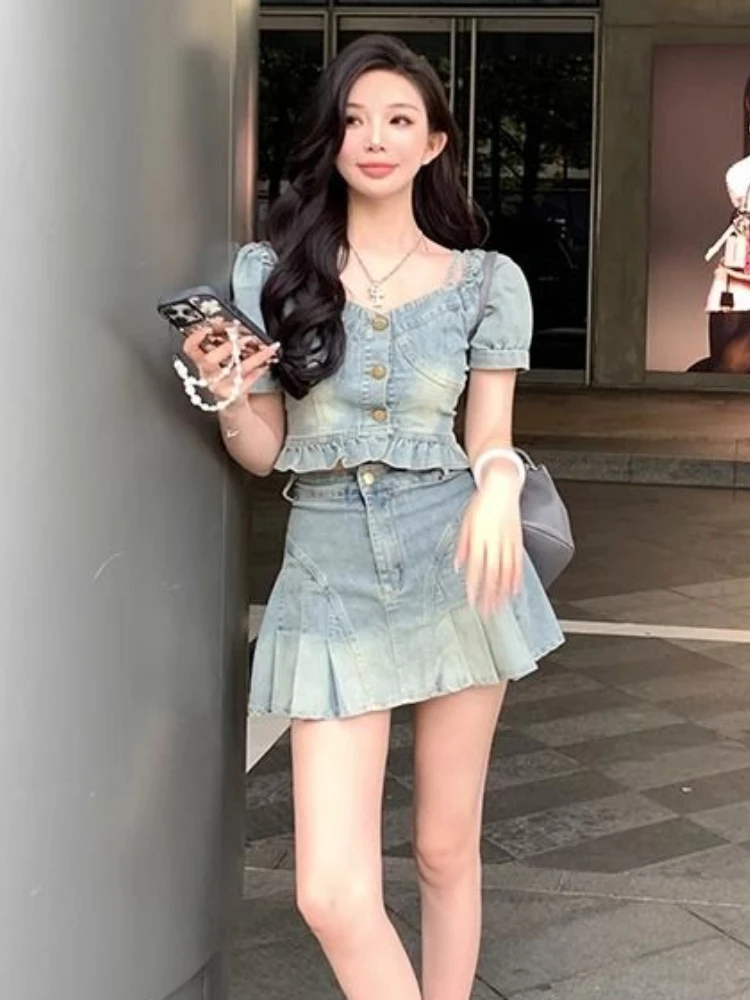 American Vintaeg Denim Matching Sets Slash Neck Short Sleeve Ruffles Crop Tops Pleated High Waist Mini Skirts Women Clothing Y2k